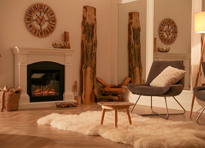 Cosy living room with fluffy rug and fireplace
