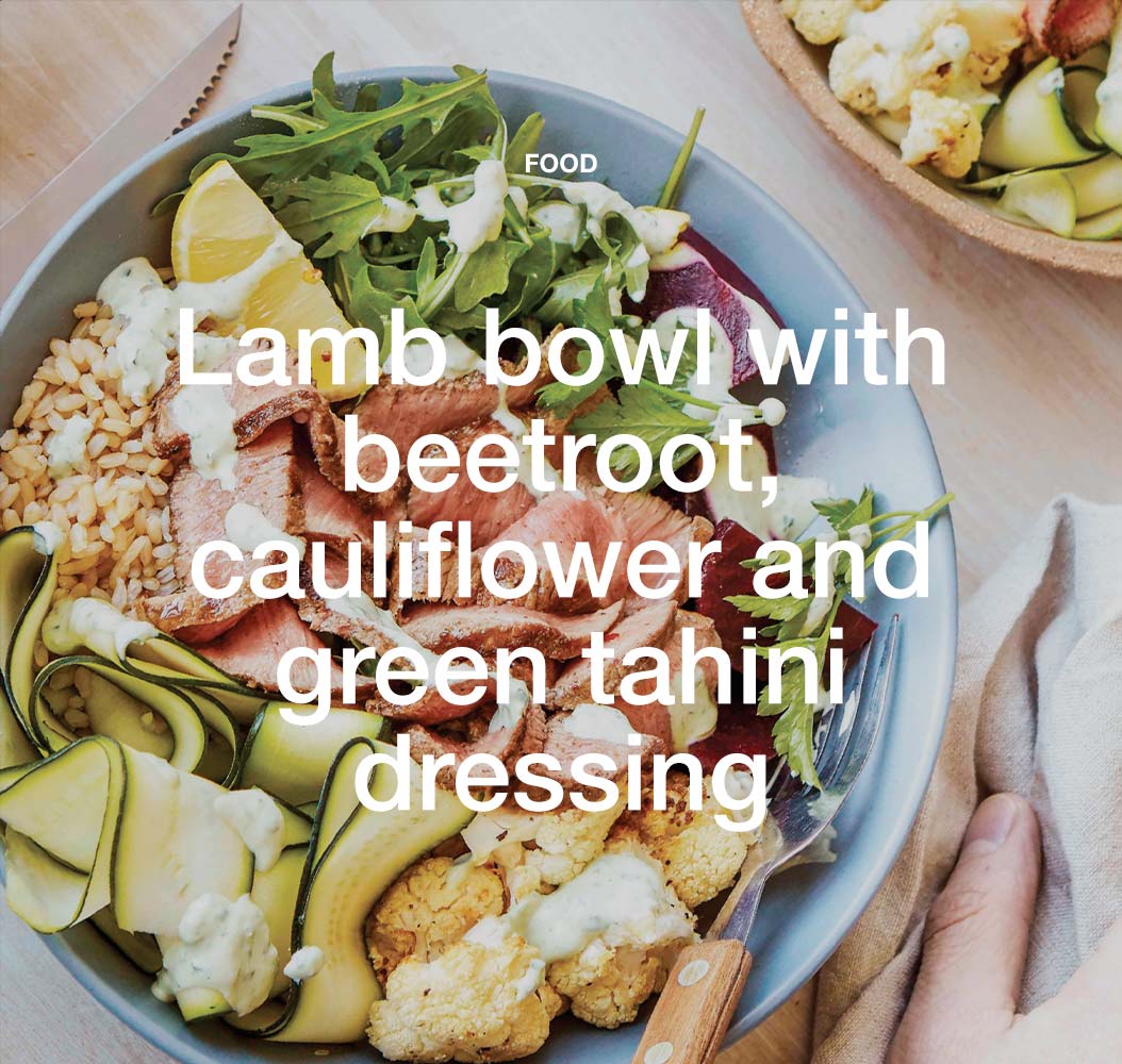 Lamb bowl with beetroot, cauliflower and green tahini dressing