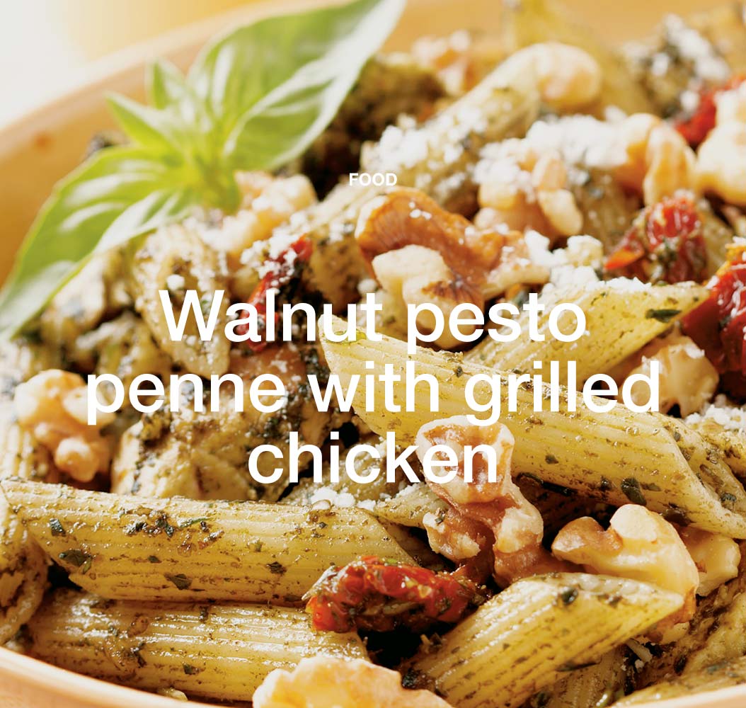 Walnut pesto penne with grilled chicken
