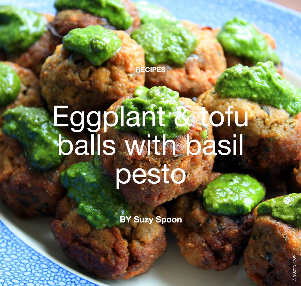 Eggplant and tofu balls with basil pesto