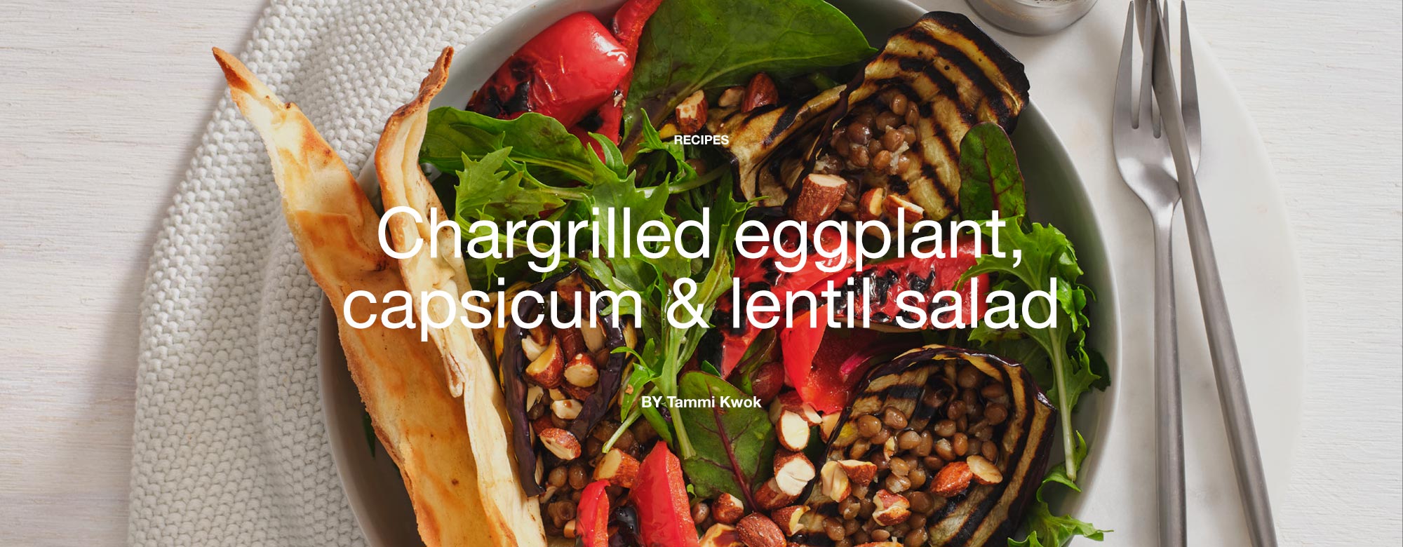 Chargrilled eggplant, capsicum and lentil salad