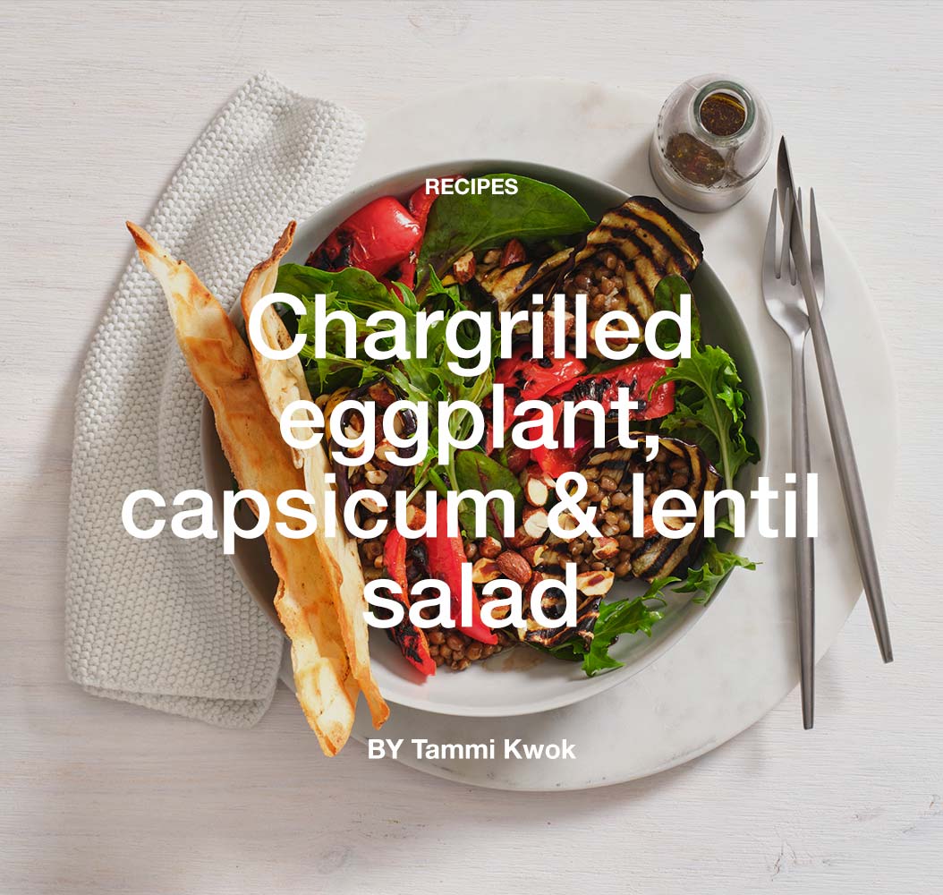 Chargrilled eggplant, capsicum and lentil salad