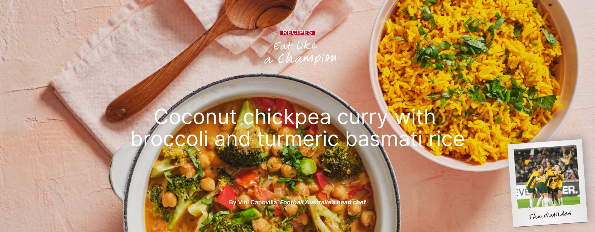 Coconut chickpea curry with broccoli and turmeric basmati rice