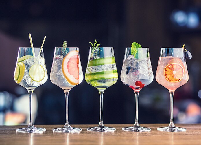 Gin and tonics with fruit garnishes