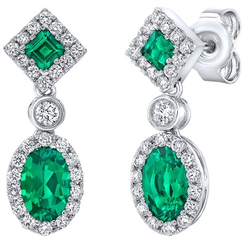 18KT White Gold Lab Emerald And 0.41ctw Diamond Earrings