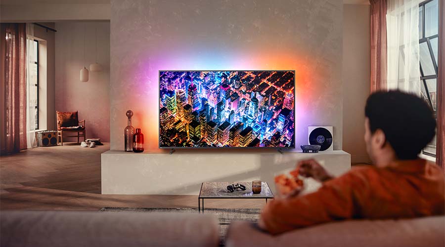 Lit up TV in living room