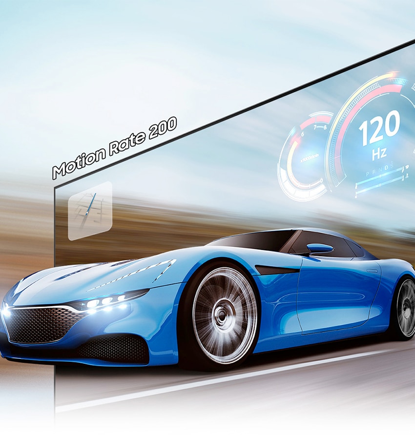 Blue car speeding through TV screen