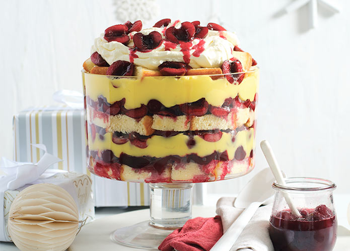 Cherry trifle with saffron custard