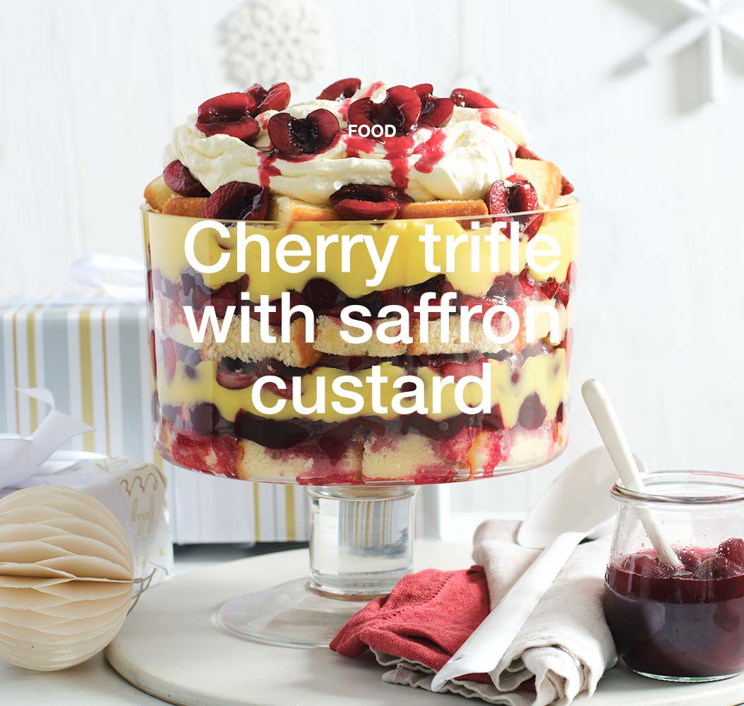 Cherry trifle with saffron custard