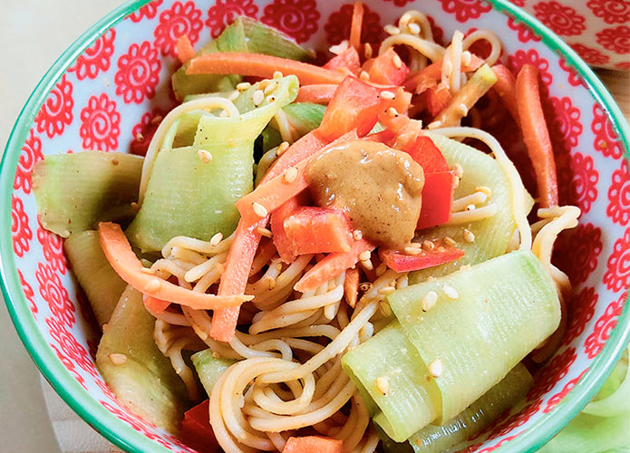 Cucumber ramen with spicy peanut sauce