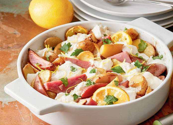 Lemony garlic potatoes with burrata