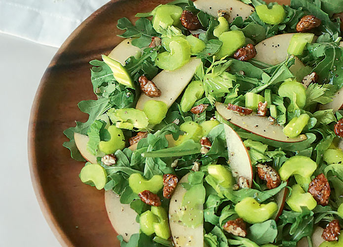 Celery, pecan, apple & rocket salad with cider & mustard vinaigrette