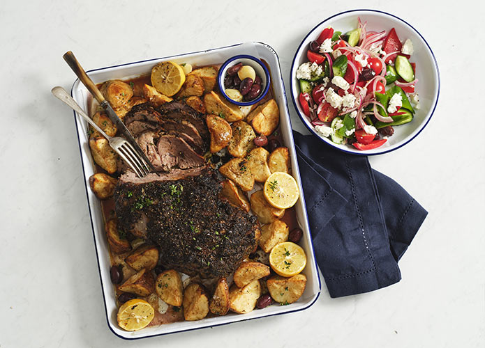 Greek-style lamb leg with olives & potatoes