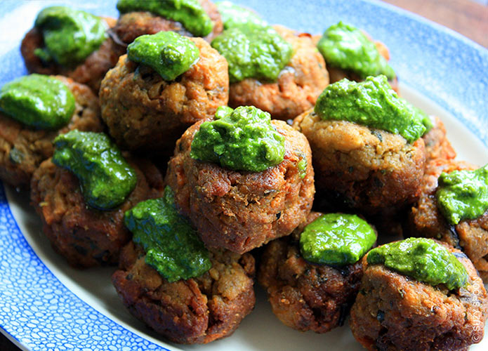 Eggplant and tofu balls with basil pesto