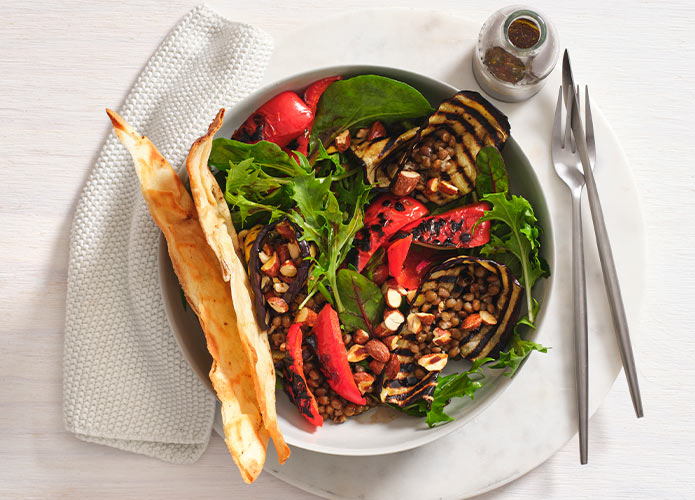 Chargrilled eggplant, capsicum and lentil salad