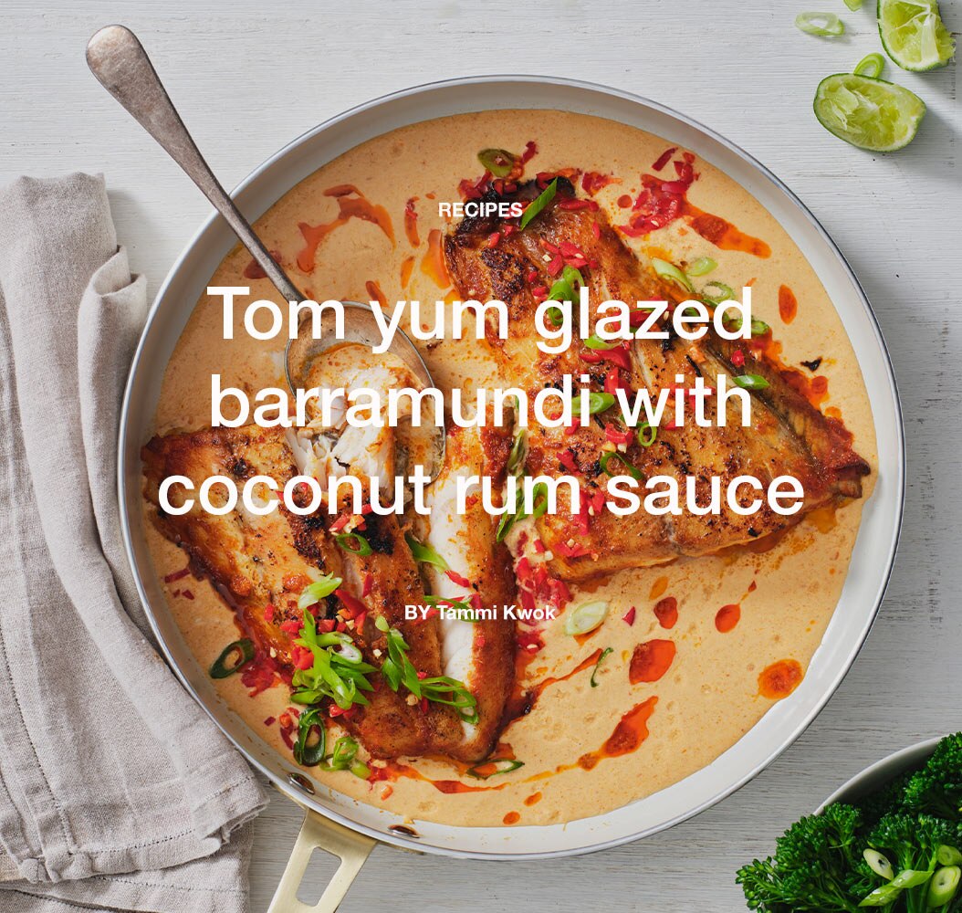 Tom yum glazed barramundi with coconut rum sauce
