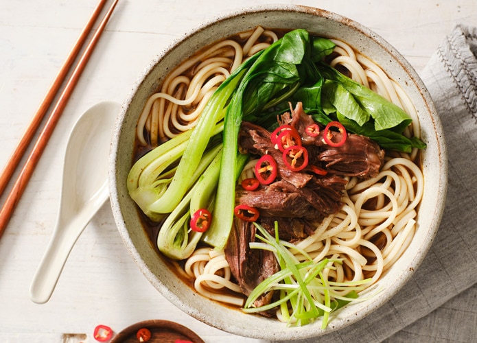 Asian-style beef cheek broth noodles