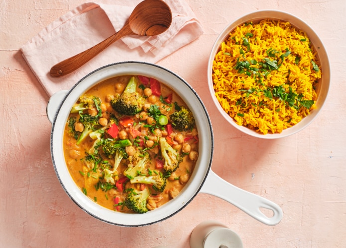 Coconut chickpea curry with broccoli and turmeric basmati rice