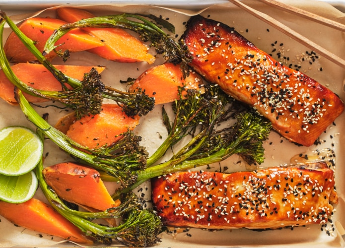 Miso-roasted salmon with broccolini and sweet potato