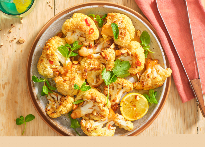 Roasted cauliflower with almond, ginger, soy, mint and coriander