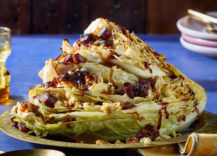 Chargrilled cabbage stuffed with medjool dates, feta and walnuts