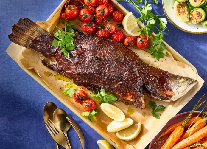 Date-glazed whole Humpty Doo barramundi