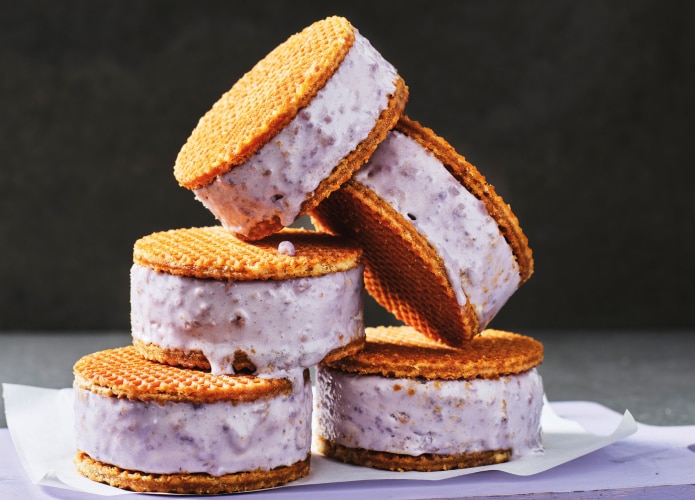 Taro semifreddo and stroopwafel ice-cream sandwich