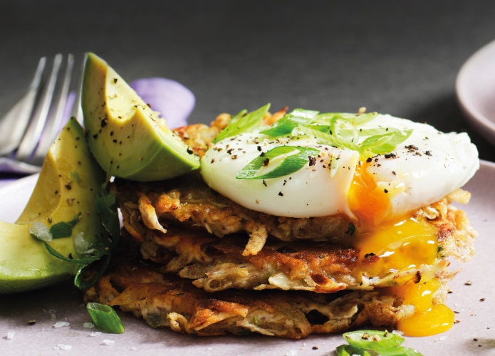 Taro breakfast fritters with avocado and poached eggs