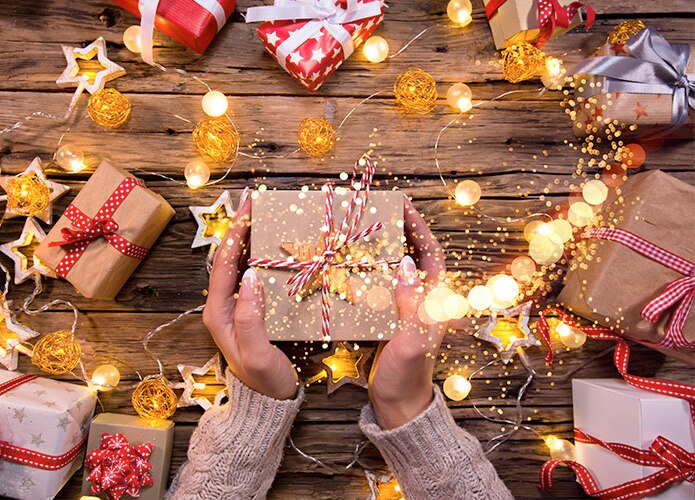 Gifts surrounded by lights