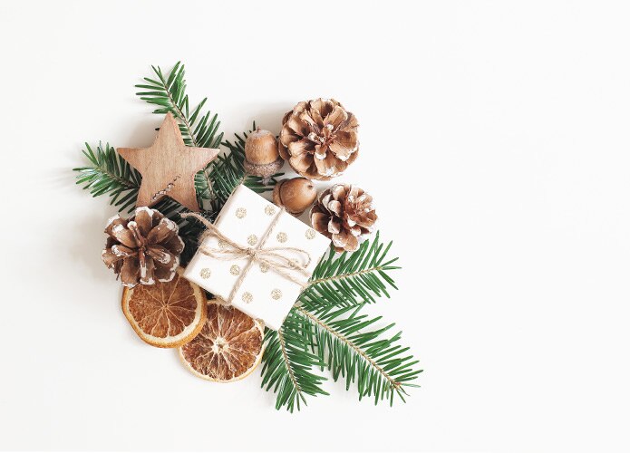 Christmas gift surrounded by foilage