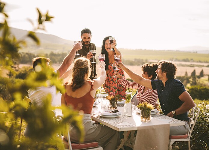 Group of friends toasting with red wine