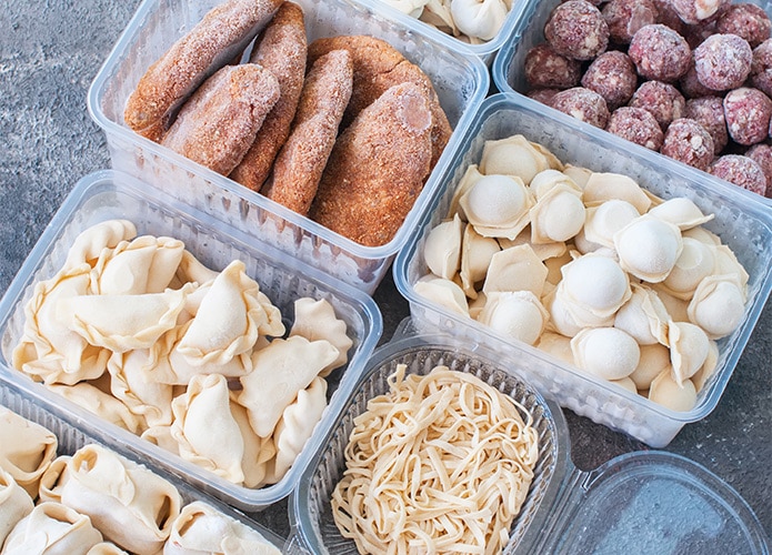 Frozen dumplings, noodles and meat