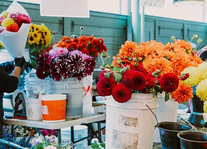 Flower market with colourful flowers in buckets