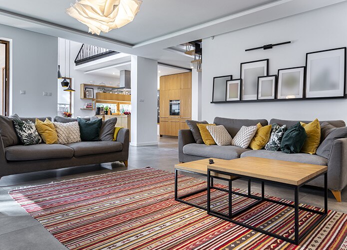 Living room with colourful rug