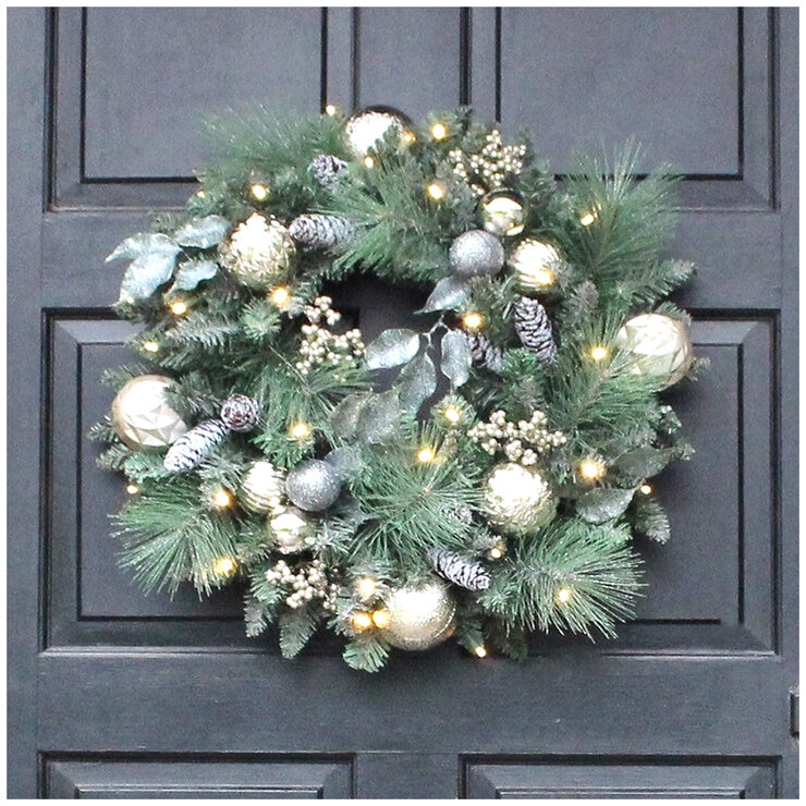 Pre-Lit Decorated Holiday Artificial Wreath 61cm