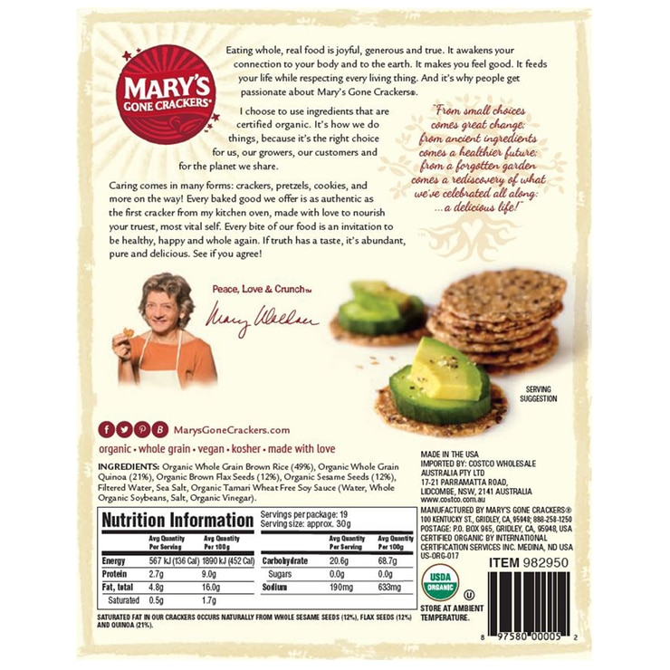 Mary's Gone Crackers Organic Original Crackers 2 x 566g Costco Australia