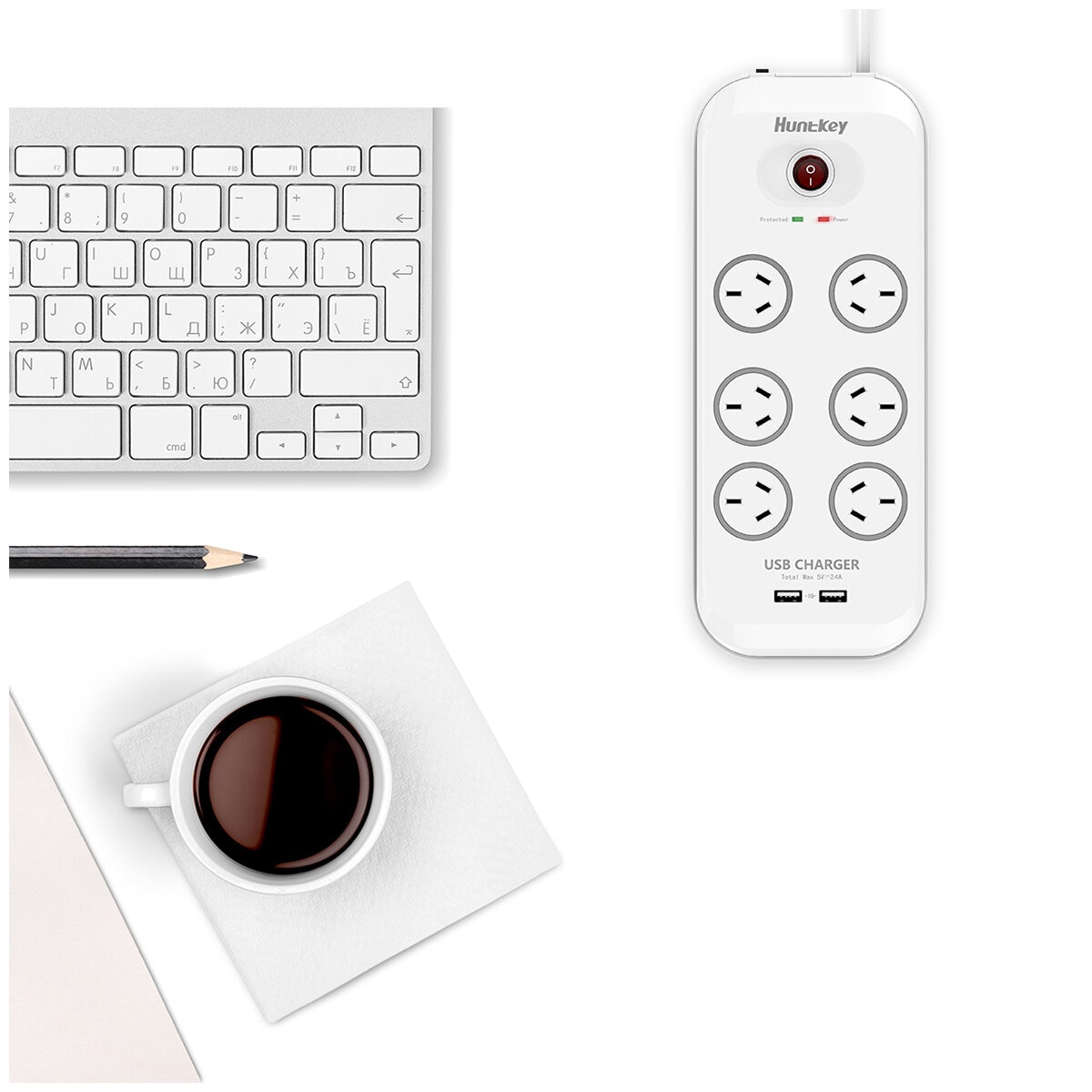Huntkey 6 Way Powerboard With 2 USB Port And Surge Protection Pack 2 Piece