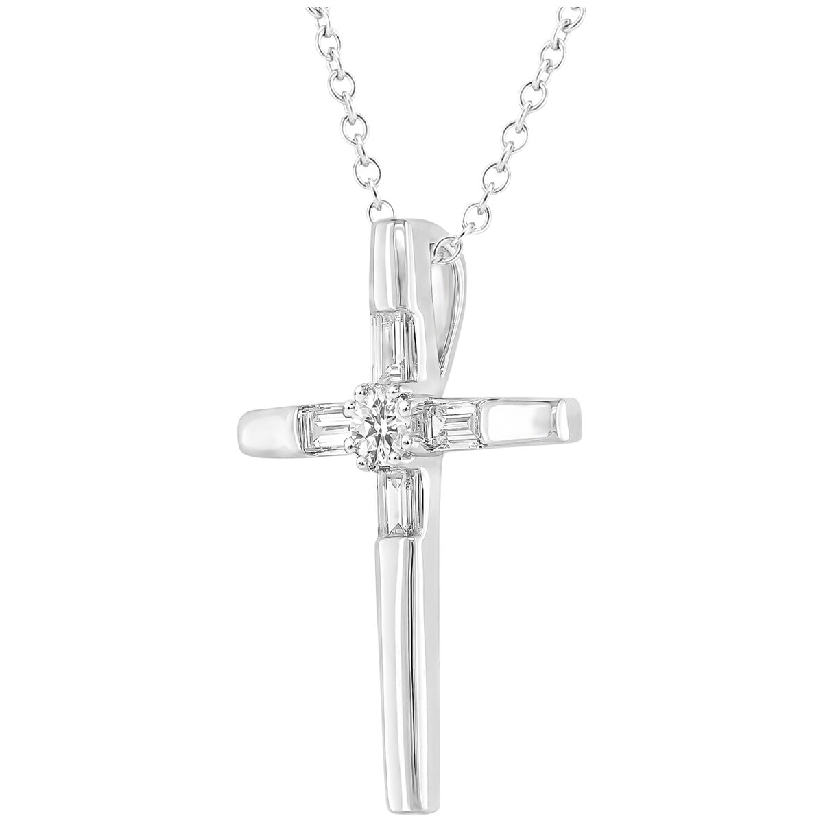 14KT White Gold 0.20CTW Round and Baguette Diamond Cross Pendant
