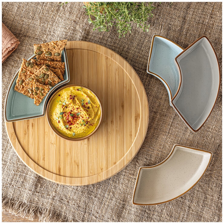 over&back Bamboo Lazy Susy With 5 Stoneware Dishes