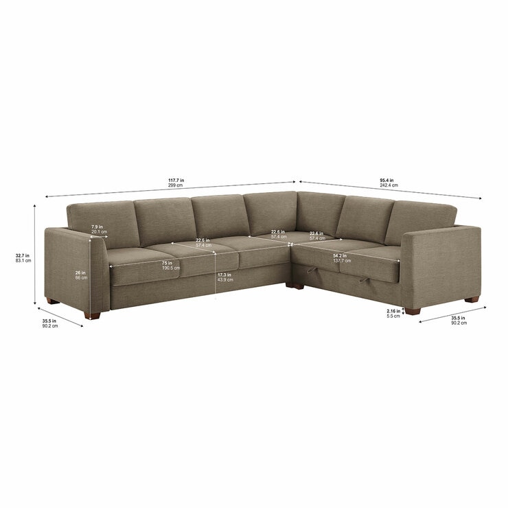 Thomasville Caler 3 Piece Fabric Sectional with Sleeper and Storage Seat