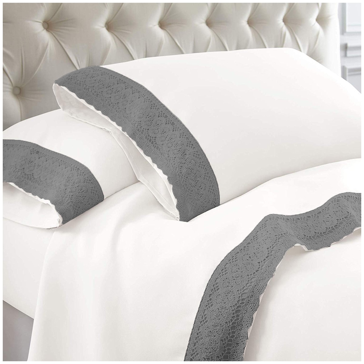 Kingtex Crochet-lace Microfibre Sheet Set 1500 Series Single - Charcoal/White