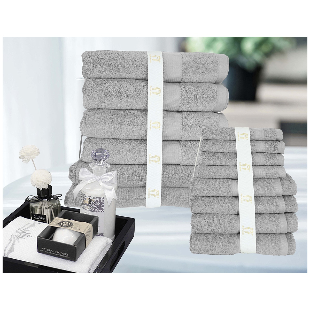 Kingtex 30% Bamboo & 70% Cotton 600gsm Bath Towel 14 piece - Silver