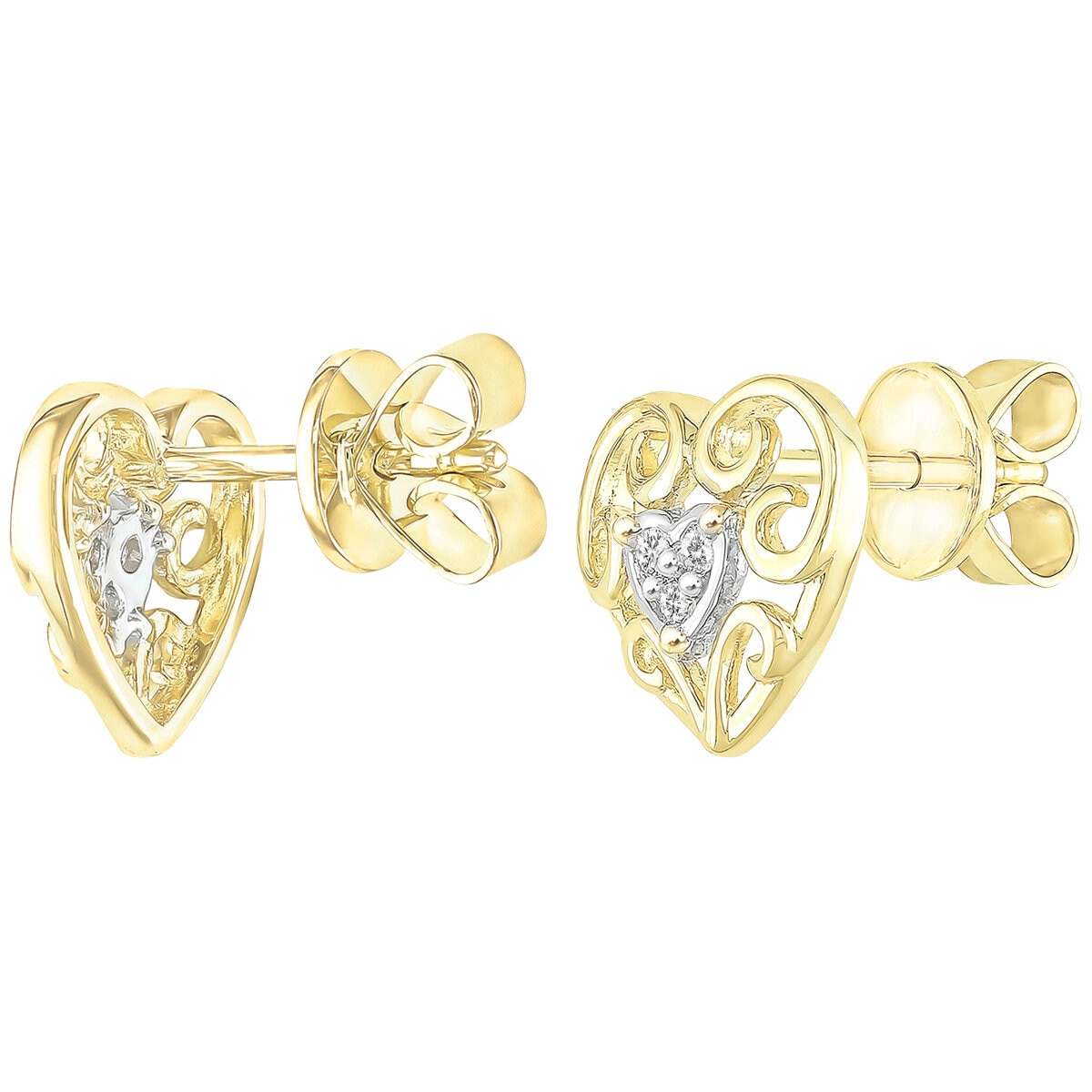 18KT Two Tone Gold 0.05ctw Diamond Heart Filigree Earrings