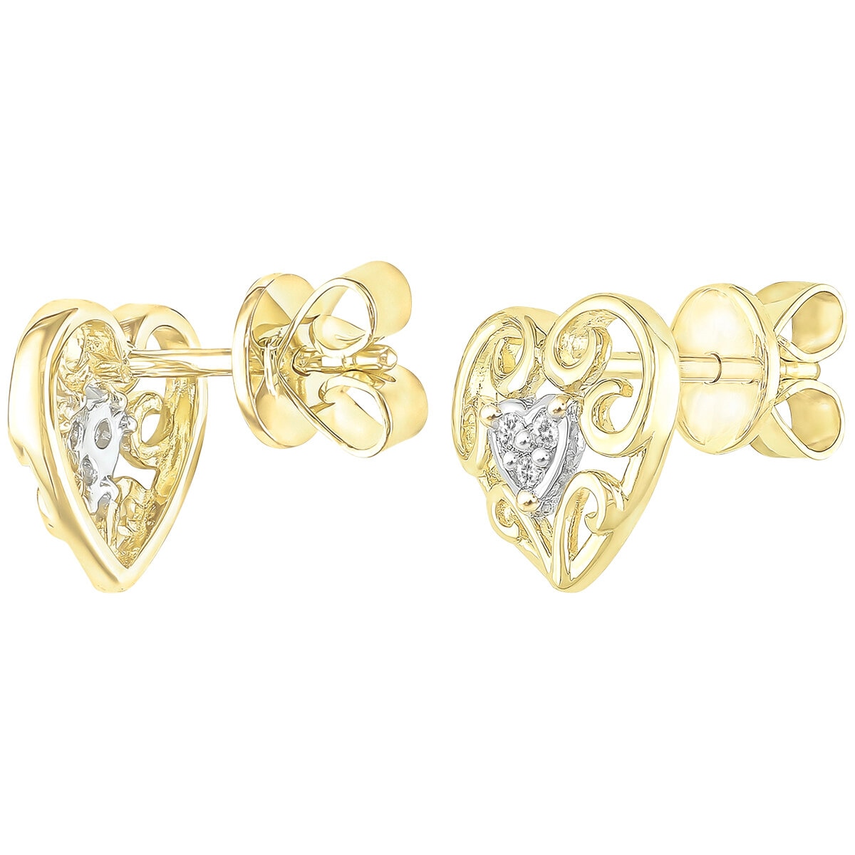 18KT Two Tone Gold 0.05ctw Diamond Heart Filigree Earrings