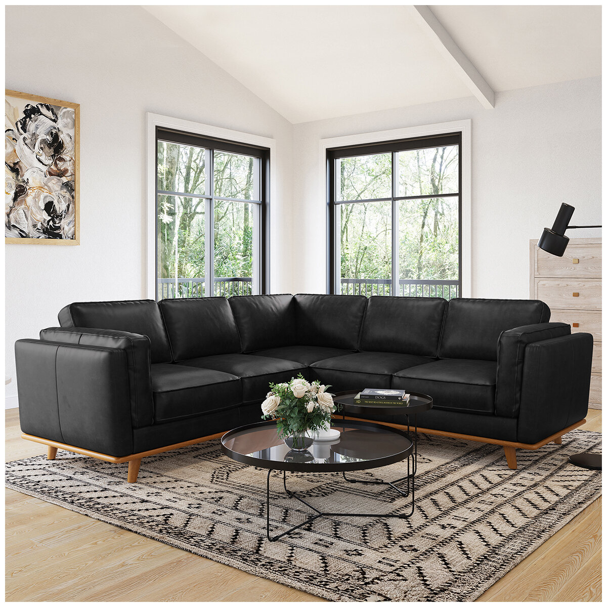 Valencia Artisan Top Grain Leather L-Shape Corner Sectional Lounge Black Color