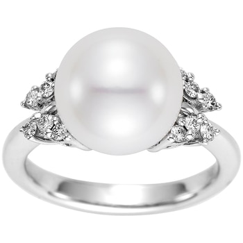 18KT White Gold Round Freshwater Cultured Pearl And Diamond Ring