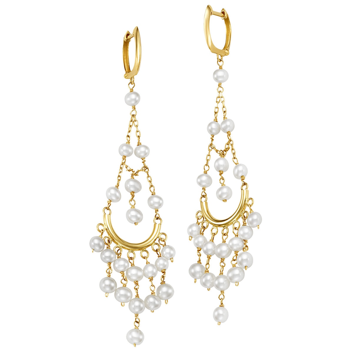 14KT Yellow Gold White Pearl Chandelier Hoop Earrings 3 - 4.5mm