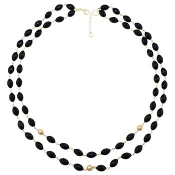 14KT Yellow Gold Faceted Black Onyx 2 Row Layered Necklace With 3 Gold Beads