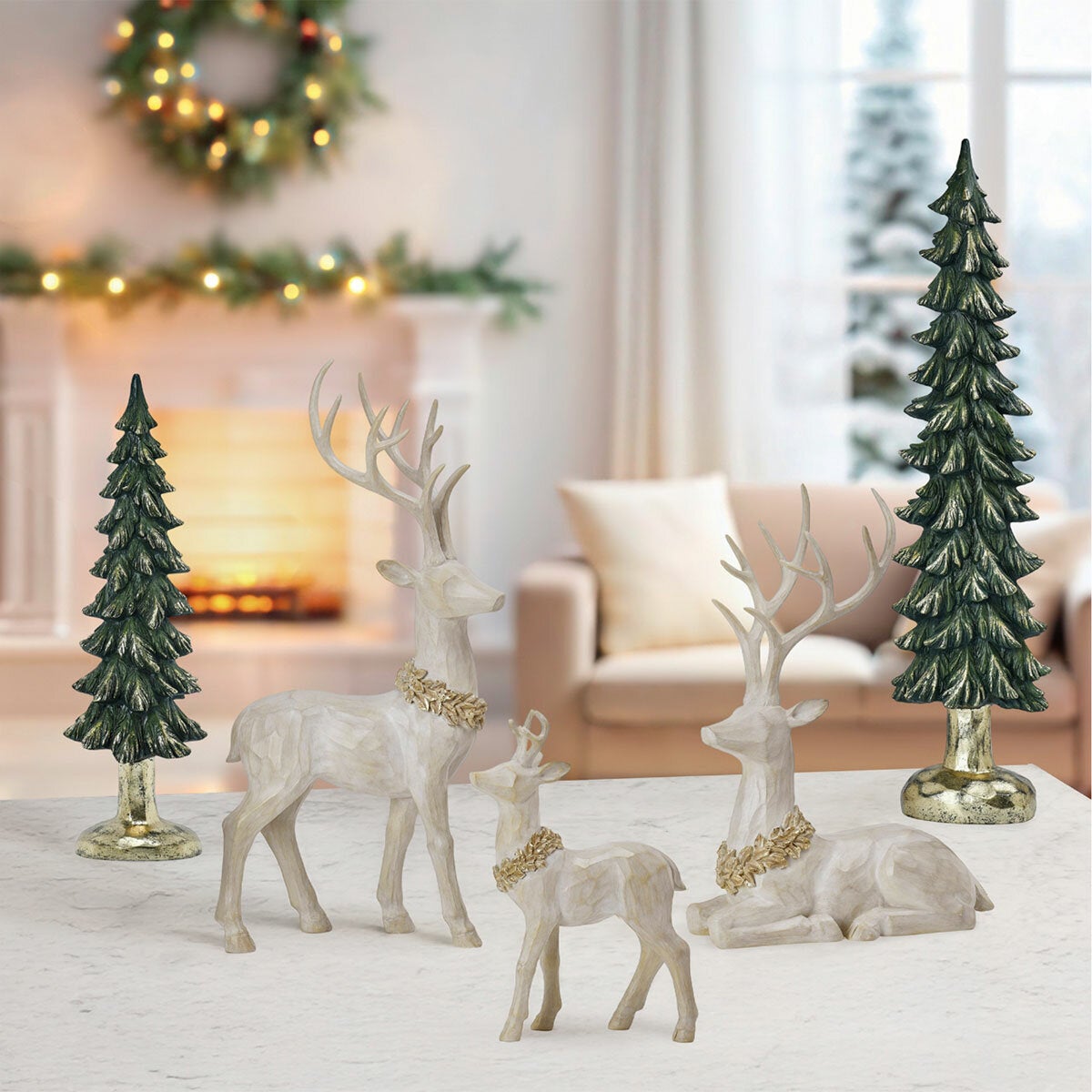 Deer and Trees 5 Piece Holiday Statue Set