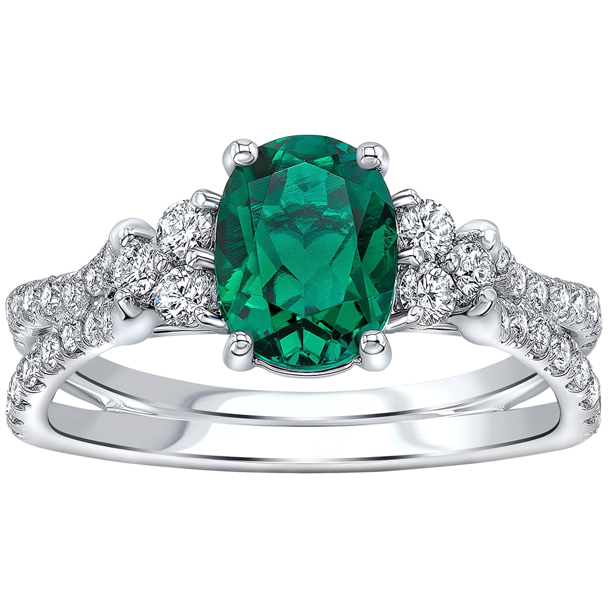18KT White Gold Lab Created Emerald Oval and Diamond Ring